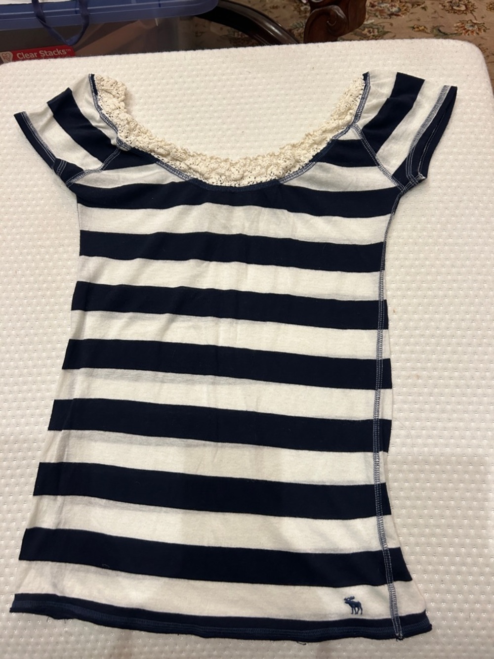 Abercrombie & Fitch Navy and White Striped Scoop Neck Tank with Lace Trim